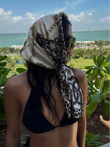 1pc Women's Fashion Chain & Rope Print 90cm Square Scarf, Printed Scarf Versatile For Spring & Autumn - 218-beige - View 3