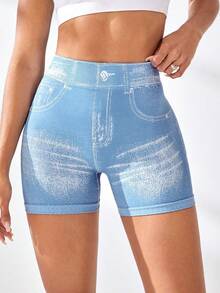 Women's V Back Workout Shorts, Denim Print High Waisted Shorts Stretchy Scrunch Slim Fit Yoga Biker Jegging Butt Lifting Sports Fitness Yoga Pants - 淺藍色 - 查看 3