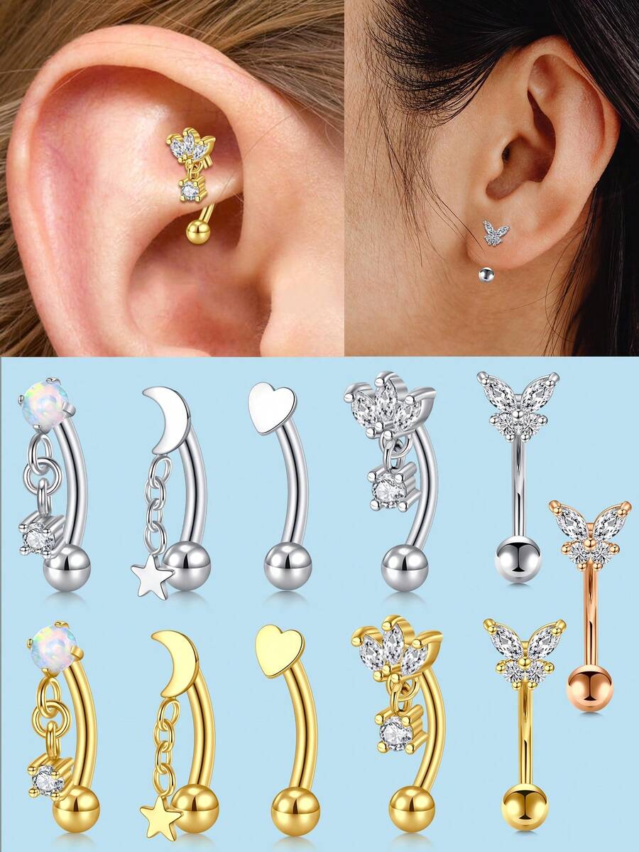 1 chiếc khuyên tai Rook Trang sức xỏ khuyên vàng bạc 16G 8mm Nhẫn lông mày Thép không gỉ Thanh cong Daith Hoa tai cho phụ nữ Mặt trăng Trái tim Bướm Sao Opal Hoa tai móng ngựa Vách ngăn Vòng Hoa tai xoắn ốc Nhẫn rốn Labret dọc Trang sức môi - Nhiều màu - Xem 1