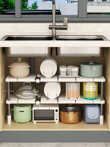 Estante organizador fregadero oculto ajustable expandible cocina multiusos,gabinete de almacenamiento debajo del fregadero,organizador de plástico multinivel de pie para baño - Blanco - Ver 1