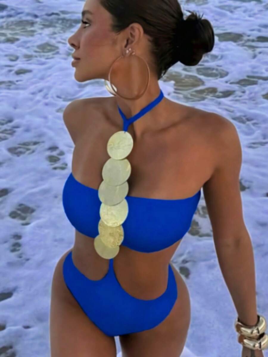 1pc Women's Sexy Halter Sequin Decor One-Piece Swimsuit