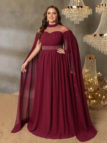 Faeriesty Curve Plus Rhinestone Detail Cloak Sleeves Chiffon Formal Dress-Perfect For Red Carpet Galas, Black-Tie Weddings, Award Ceremonies, Charity Balls, And Luxury Fashion Events