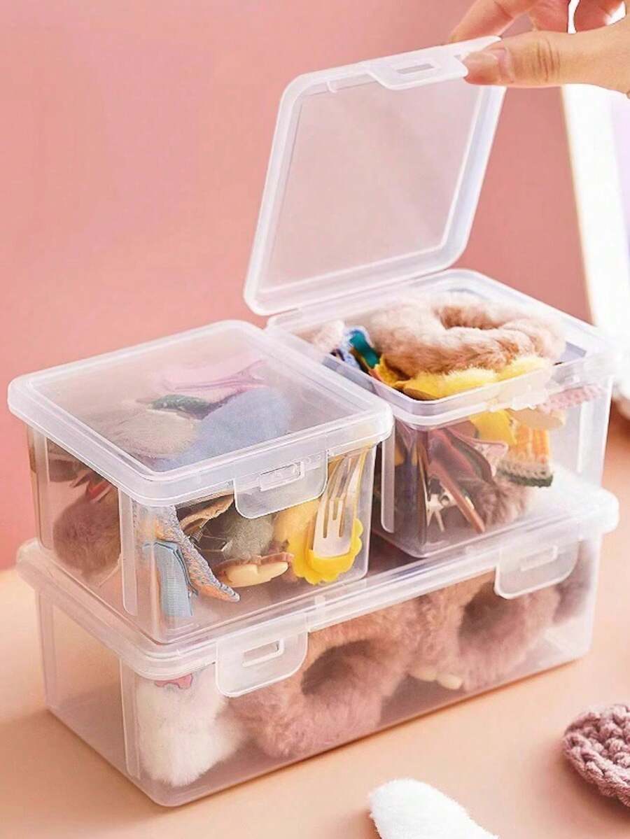 2 Packs Stackable Transparent Hair Accessory Storage Boxes With Lids - Dustproof, Waterproof, Moisture-Proof Organizer For Jewelry And Hair Ties, Contemporary Plastic Tabletop Containers, Multipurpose Use, Rectangle Shape, Jewelry Boxes - Clear - View 1