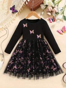 1pc Elegant Round Neck Long Sleeve Butterfly Print Flare Dress, Knee-Length, Mesh Detail, Suitable For Children, Spring/Autumn - Black - View 1