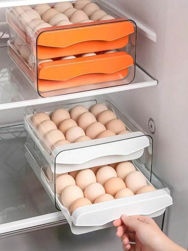 Refrigerator Egg Storage Box, Refrigerator Egg Rack, 2-Tier Drawer 32 Compartment Stackable Storage Box Transparent Plastic Egg Rack Organizer