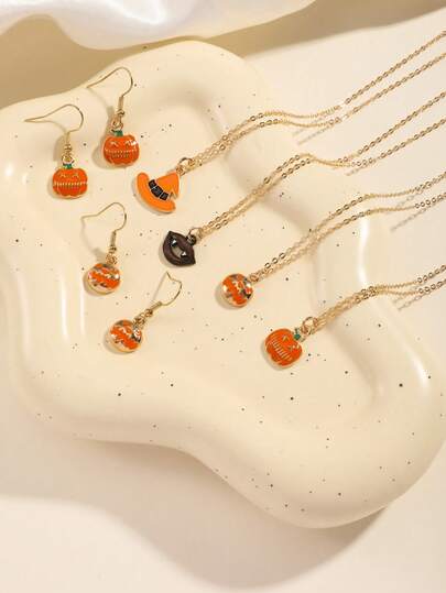 2pcs Halloween Necklace & Earrings Set For Women, Pumpkin, Witch Hat, Lips Pendant Necklace And Stud Earrings, Holiday Jewelry