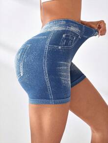 Women's V Back Workout Shorts, Denim Print High Waisted Shorts Stretchy Scrunch Slim Fit Yoga Biker Jegging Butt Lifting Sports Fitness Yoga Pants - 藍色 - 查看 3