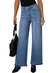 EVALESS Womens Jeans High Waist Straight Leg Wide Leg Frayed Baggy Hem Boyfriends Stretchy Pants