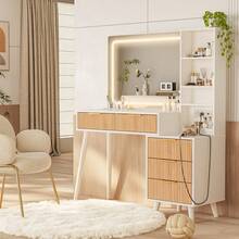 INNOD 44" Vanity Desk With Mirror And Lights, Makeup Table With Fluted Storage Drawer, Cabinet, 3 LED Lights Modes, Power Outlet For Bedroom - Xem 8