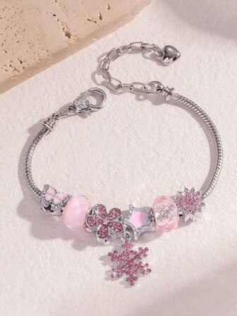 Pink Snowflake Pendant Bracelet Sparkling Butterfly & Flower Beaded Bracelet Fashionable Commuter Gift For Women, Holiday Gift