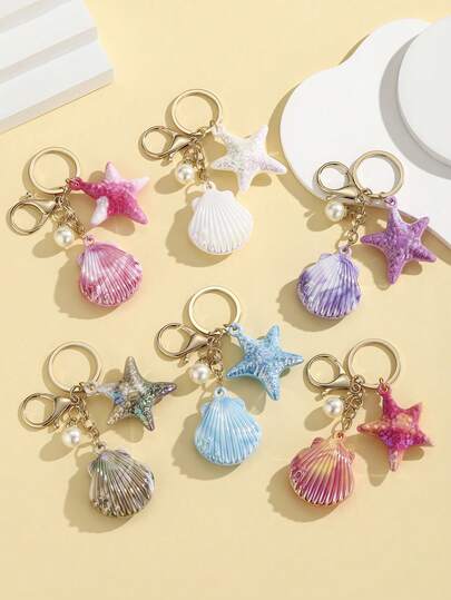 1 pieza Llavero creativo con criatura marina de tie-dye, estrella de mar y vieira, llavero con estrella de mar de estilo marino tie-dye colorido, decoración de billetera, regalo para dama de honor, accesorio de playa de verano, decoración colgante, llavero con tema oceánico encantador adecuado para mujeres, popular entre los jóvenes de moda, regalo ideal para mamá