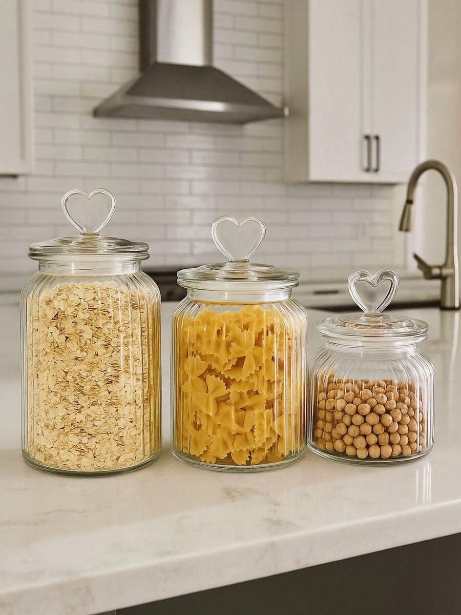 Set Of 3 Airtight Glass Jars With Heart Lids – Romantic Style Decorative Kitchen Storage - 透明 - 查看 1