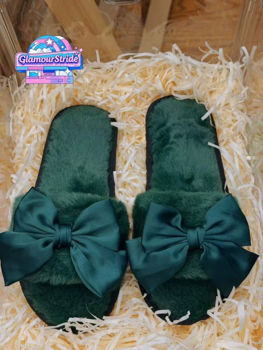 Women's Elegant Velvet Green Bowknot Flat Plush Open Toe Slippers For Valentine's Day, Christmas, Party And Home. Green Shoes With High-Quality TPR Non-Slip Outsole, Durable Slippers. Treat Yourself, Suitable For Halloween, Christmas - Green - View 1