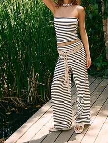 Women's 2 Piece Summer Stripe Casual Outfits Back Pleated Striped Print Bandeau Tops And Elastic Waist Wide Leg Long Pants Set Streetwear - 白色 - 查看 6