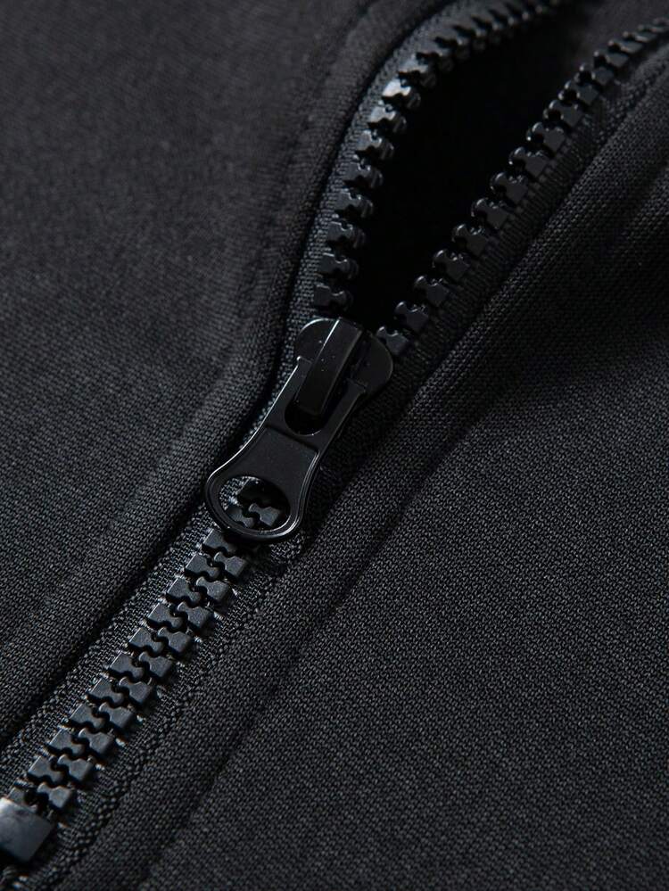 Jersey casual de cuello de cremallera de 1/4 con mangas raglán a rayas para hombres, tops con media cremallera de moda, primavera/otoño - Negro - Añade 5