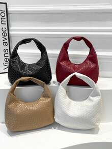 1 Set Tas Tangan Wanita Motif Buaya & Batu, Tas Bahu Warna Polos Modis, Tas Tote Bergaya dengan Resleting Bulan Sabit dan Dompet - MultiWarna - View 2