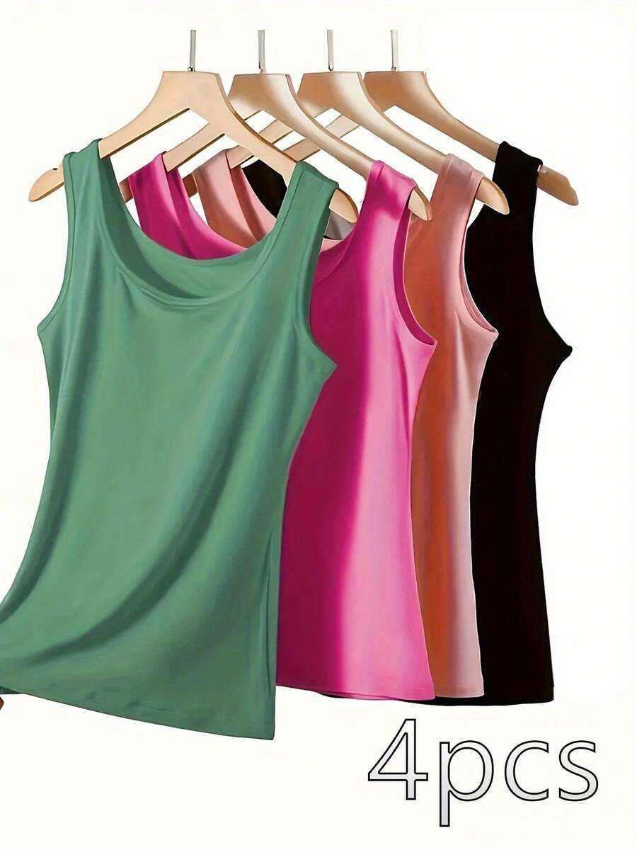 4-Pack Women's Basic Layer Tops, Versatile Simple Tank Tops, Comfortable Breathable Sleeveless Tops, Women's Underwear And Innerwear - Mixed Color B - View 1