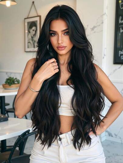 Peluca larga de 28 pulgadas de color marrón con flequillo para mujeres, cabello sintético ondulado y rizado que se ve natural y resistente al calor para uso diario, de fiesta y escolar. (Preste atención a cómo la usa y cuida, ya que debido a la iluminación y el ángulo durante la fotografía, el producto real puede tener ligeras diferencias de color en comparación con las imágenes.)