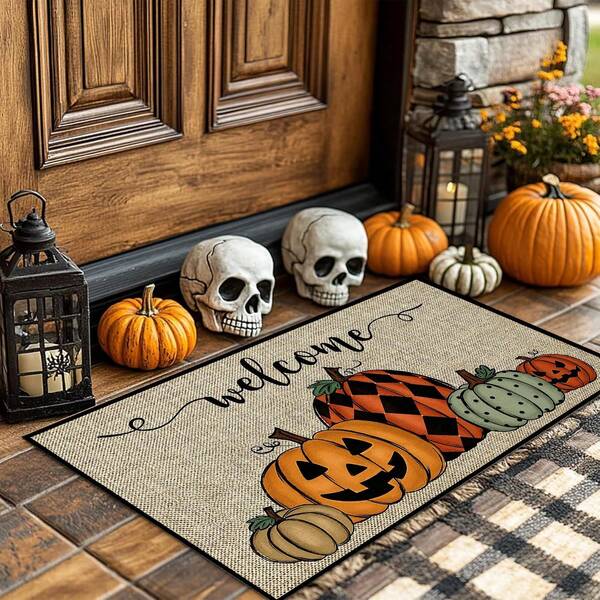 1pc Halloween Rug Indoor Mat Pumpkin Decorative Kitchen Mats Spooky Trick Or Treat Boo Halloween Holiday Party Low-Profile Floor Mat For Home Kitchen Suitable For Bathroom Floor Mat Door Mat Living Room Mat Bath Rug Spring, Summer, Autumn, And Winter Christmas Thanksgiving Day Gift Home Decor Halloween Decor Room Decor