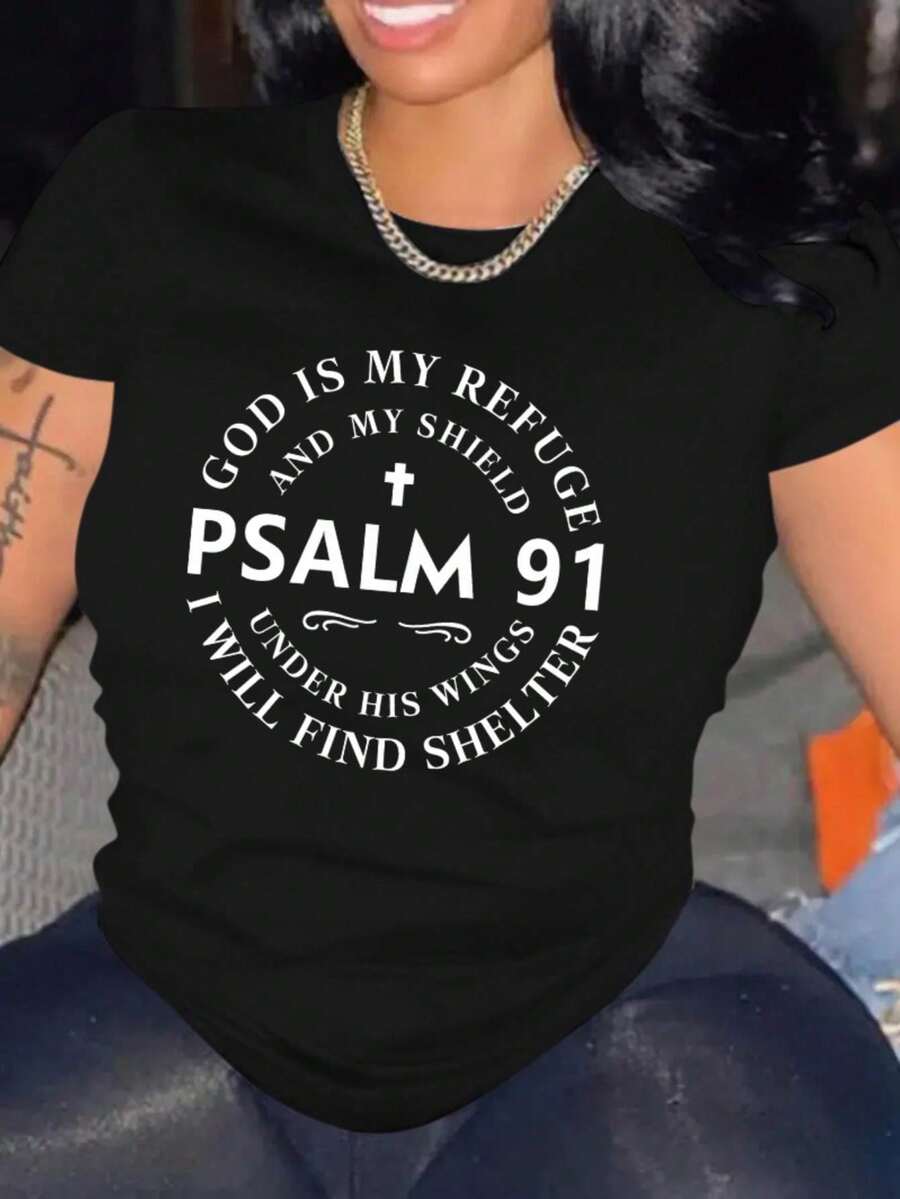 Women's Casual Psalm 91 Graphic Curve Plus Size T-Shirt, Faith-Inspired Short Sleeve, Letter Print Top, Comfort Fit Apparel Tee, Graphic T-Shirt - Casual Black Tee With Playful Lettering, Short Sleeve Crew Neck, Perfect For Spring & Summer Curvy Plus Size Clothes - 黑色 - 查看 1