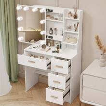 INS Cream Style  Scandinavian Solid Wood LED Makeup Mirror Desk - Dimmable LED Light, Large Drawer With Partition | 1-Piece Workstation For Girly Princess Vibe | Neat Storage For Cosmetics & Skincare | Fresh Aesthetic, In Stock & Fast Shopping