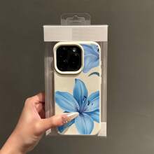 1pc White Leather Texture Floral Pattern Phone Case, Minimalist Blue Flower Design, Personalized Compatible With Apple 16 Pro Max, 15, 14 Plus, 13, 12, 11 Protective Cover Waterproof Shockproof Anti-Fall Scratch Resistant