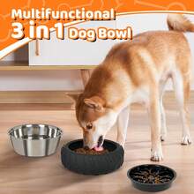 Three-In-One Stainless Steel Dog Bowl, Suitable For Small, Medium And Large Dogs, Slow Feeding Dog Bowl, With Non-Slip Suction Cup Can Be Fixed To The Ground, Can Effectively Improve Pet Indigestion, Obesity And Other Problems