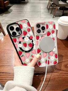 Pink Strawberry Flowers Pattern Magnetic Clear Phone Case For IPhone 17/16/15/14/13/12/11/Air/ProMax/Pro/Plus For Samsung Galaxy S25-S22/FE/Ultra, Compatible, Acrylic+TPU Cover, Creative Y2K Style, Fundas Para Cover De Matching Shockproof Forroid Cases - Hồng - Xem 3