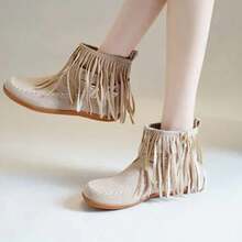 Tassel-Decorated Short Boots, Frosted Texture, Double Buckle Design, Suitable For Daily Travel, Casual Gatherings, Comfortable Heels, Easy To Match