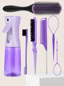 4pcs Spray Bottle And Hairbrush Set, 1 Spray Bottle + 1 Pointy Tail Comb + 1 Eyebrow Brush + 1 Fluffy Comb, Hair Brush For Boys And Girls, Comb Brush For Wet And Dry Curls, Parting Brush, Brush For Coarse And Fine Hair Treatment, Makeup, Black Five Set, Christmas Set Back-To-School Season