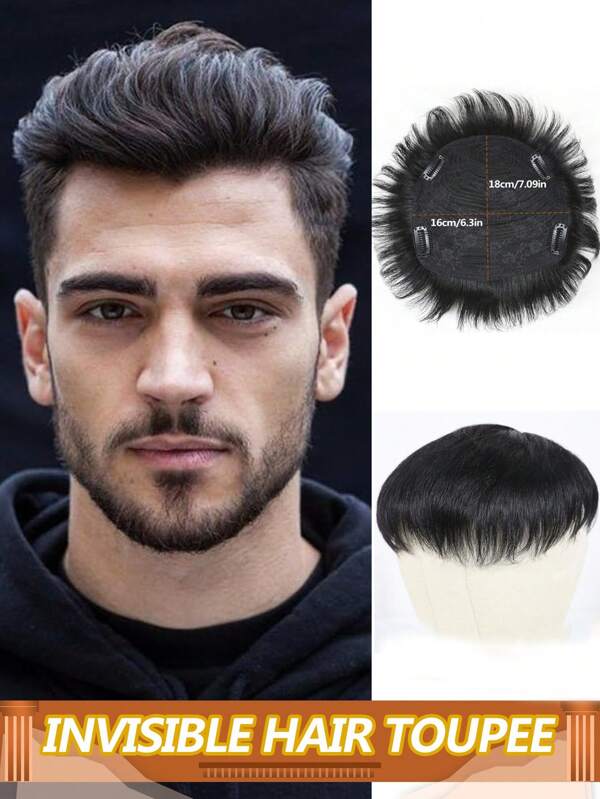 Men's Natural Hair Topper Straight Real Hair Invisible Transparent Crochet Hairpiece For Full Head Coverage & Volume Enhancement Secure Top Of Head Attachment Realistic Hairpiece