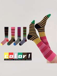 1 Paar/2 Paar Damen Farbblock gestreifte Kniestrümpfe, Retro-Ästhetik Socken, Mode Schlankheits-Socken für Frühling & Herbst, Y2K, gemütlich - Verschiedenfarbig - Übersicht 2