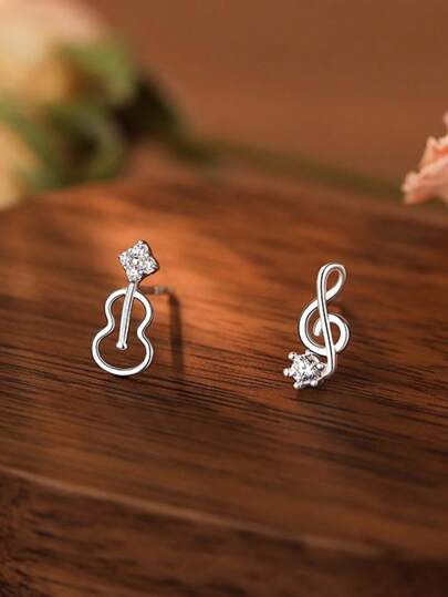 1 Pair S925 Sterling Silver Asymmetric Hollow Violin Note Earrings With Zirconia Stones, Petite & Versatile Jewelry Accessory, Lovely Gift For Mother, Girlfriend