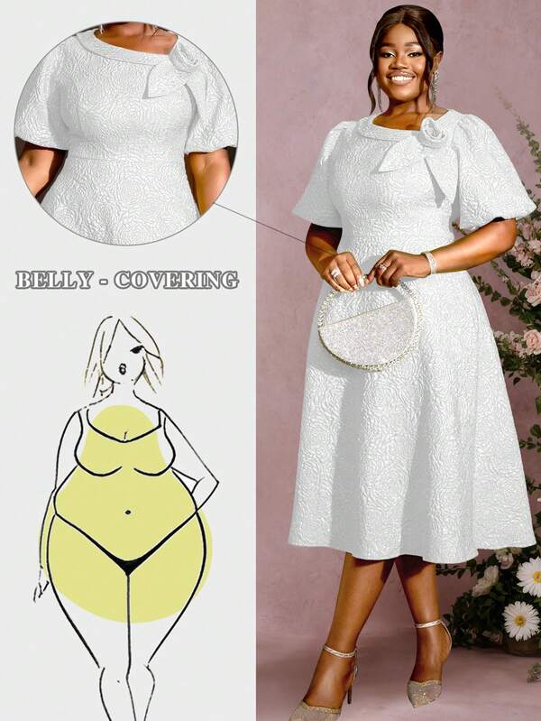 Women Plus Size Rose Jacquard Flared Puff Sleeve A-Line Graduation White Dress, Suitable For Commuting, Elegant Cocktail Semi Formal Prom Dress, For Birthday, Wedding Guest, Graduation, Dinner, Homecoming, Party Dress