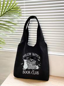 Fashionable Ladies' Handbags With Printed Letters, Books, And Cat Patterns Can Be Used As Y2k Shoulder Bags, Portable Shopping Bags, Halloween Gifts, Reading Week Gifts, Simple Travel Storage Bags, And Multi-Functional Shopping Bags, Suitable For Daily Commuting, Travel, Picnics, Camping, Outdoor, Adventure Or Shopping., Halloween Bags Perfect For Fancy Party Matching With Halloween Costumes - Black - View 1