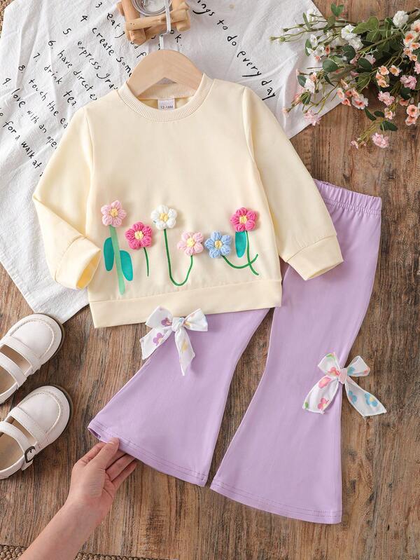 Conjunto de blusa de manga larga con estampado floral lindo y pantalón acampanado para niñas