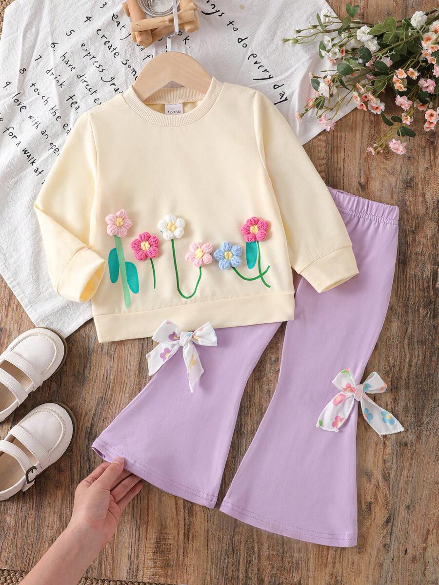 Conjunto de blusa de manga larga con estampado floral lindo y pantalón acampanado para niñas