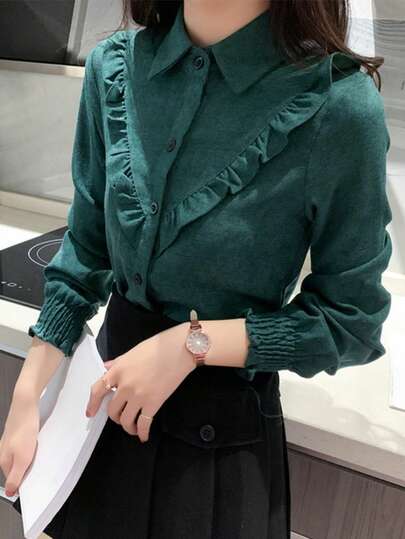 Damen Einfarbige Langarm Rüschen Vorne Knopf Lässige Bluse