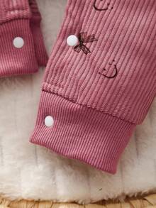 女宝宝花卉领蝴蝶结装饰全身印花撞色罗纹长袖连体衣