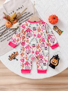 1pc Baby Girls' Halloween Pumpkin & Ghost Print Funny Design Contrast Color Zipper Romper, Long Sleeve, Fit For 0-9 Months Infants, Holiday Cute Outfit