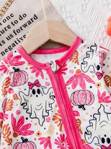 1pc Baby Girls' Halloween Pumpkin & Ghost Print Funny Design Contrast Color Zipper Romper, Long Sleeve, Fit For 0-9 Months Infants, Holiday Cute Outfit