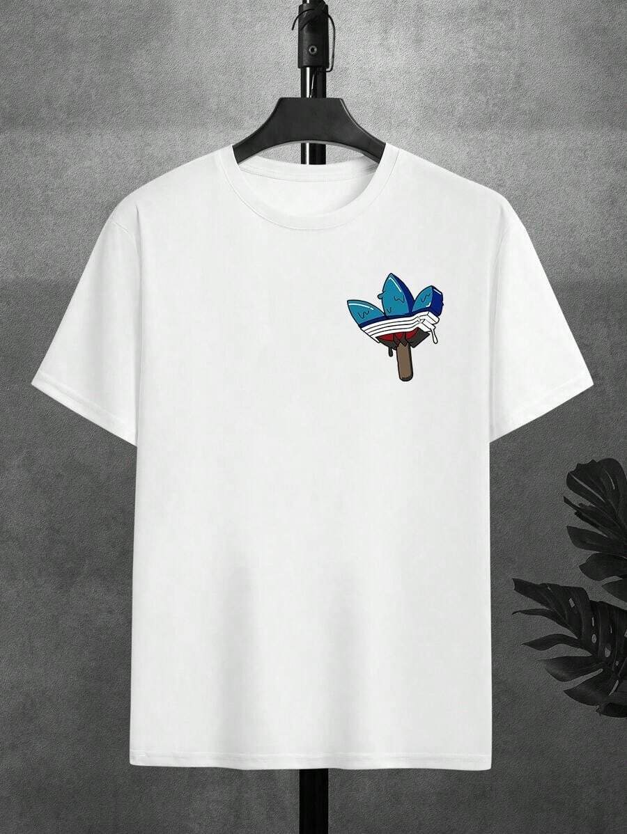 Hombre camiseta masculina nueva colección, transpirable,envío desde México suave y de tacto agradable con estampados modernos y fashionCamisa de algodón blanco con estampado único de paleta de helado con forma de tres hojas de trébol azul, rayas y efecto derretimiento, perfecta para el estilo casual y la moda contemporánea - Blanco - Ver 1