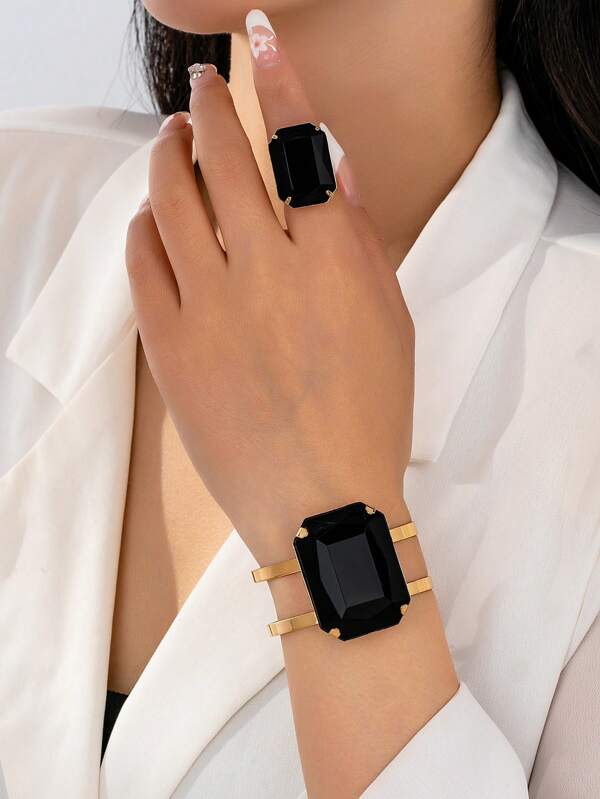 2 pièces/set de bracelet et bague femme à bouche ouverte avec pierres précieuses incrustées de métal exagérées. Convient pour le port quotidien des femmes et comme cadeau de vacances