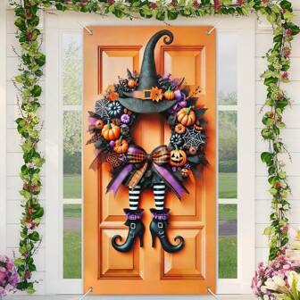 1 قطعة - غطاء باب على شكل قبعة ساحرة هالوين - تصميم ساق اليقطين وشبكة العنكبوت من البوليستر، ديكور مخيف لشرفة المنزل للاستخدام الداخلي/الخارجي في حفلات الحيلة أو المعاملة، ديكور معلق للعطلات