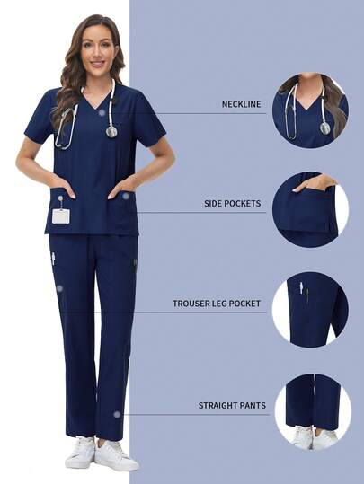 水疗制服 女式透气柔软短袖上衣直筒裤套装美容院美甲师工作服护士制服