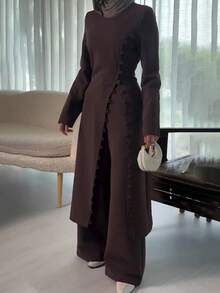 Bộ đồ nữ thanh lịch gồm áo và quần màu trơn, trang phục công sở thường ngày với đường xẻ tà, thích hợp mặc mùa xuân. - Màu tím - Xem 2