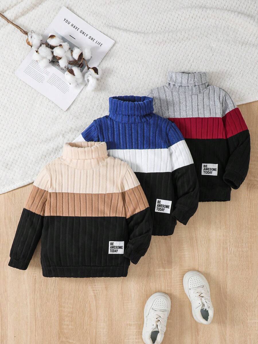 Conjunto de sudadera de cuello alto acanalado con textura de cepillado y diseño de patchwork de colores contrastantes para niño - Multicolor - Ver 1