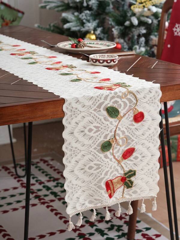 1pc Minimalist Bohemian Style Bell Embroidered Lace Table Runner, Holiday Decor
