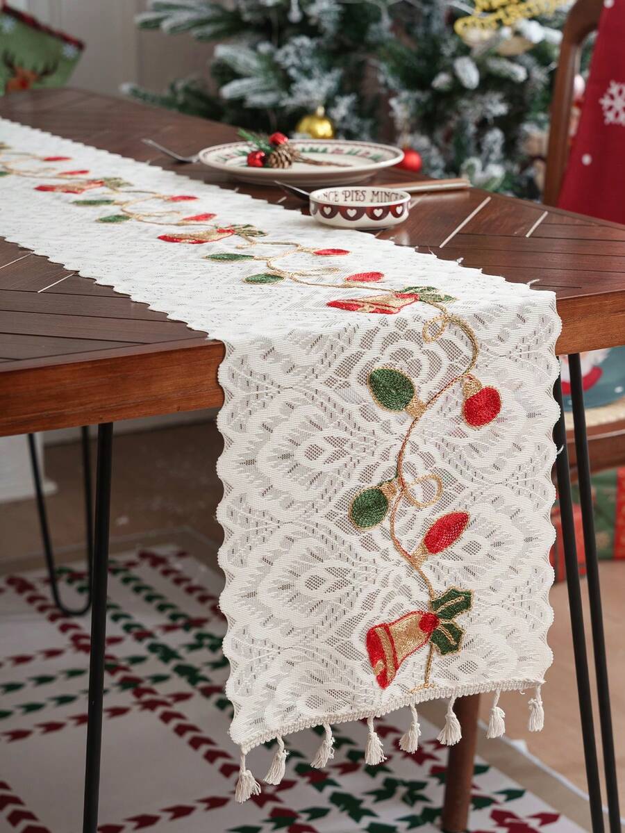 1 pieza Camino de mesa estilo bohemio minimalista con bordado de campana, decoración navideña - Multicolor - Ver 1