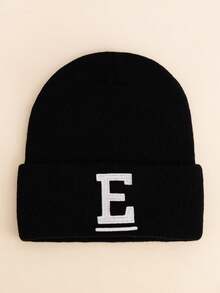 1pc Kids Black Uppercase Letter Embroidered Beanie, Minimalist Solid Color Soft Warm Fashion Accessory Knit Hat, Suitable For Boys & Girls In Autumn & Winter